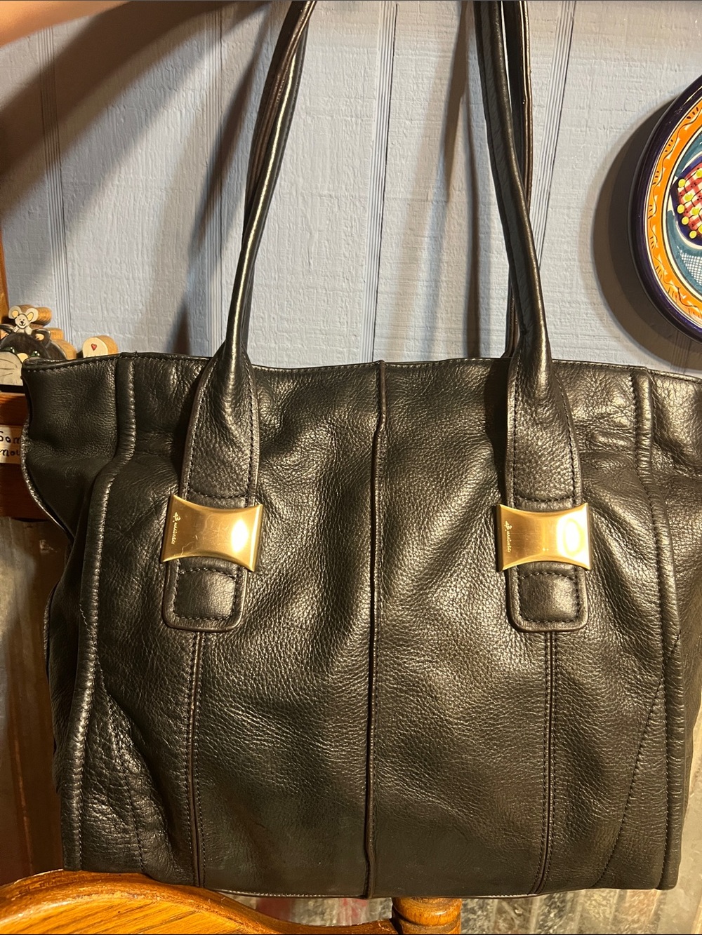b. makowsky Black Leather Tote with silver Hardware